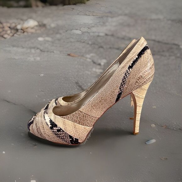 WHITE HOUSE BLACK MARKET Isaac Size 9M Beige Black Snake Print Peep Toe Heels - Picture 3 of 11